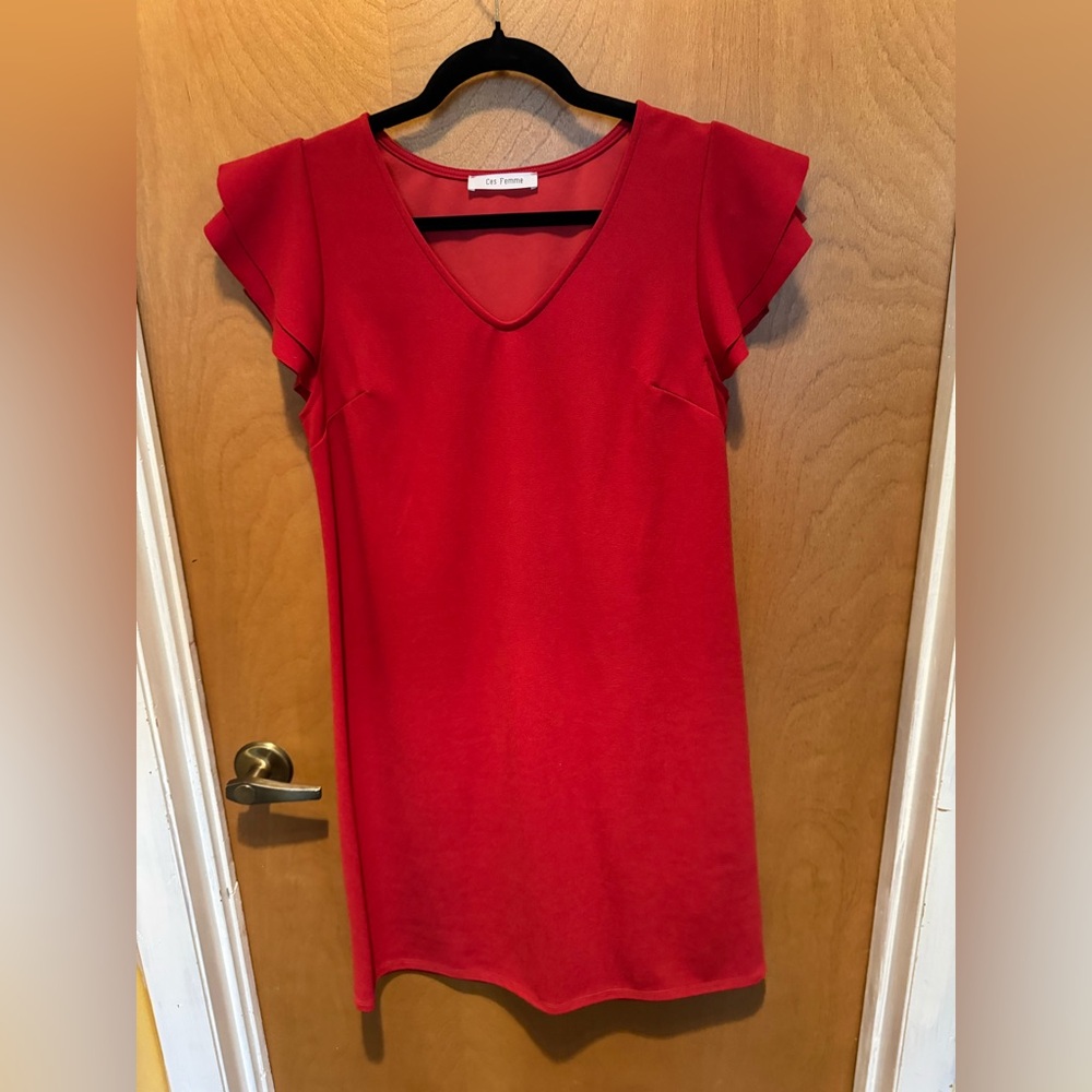 Ces Femme Short Dress with Flutter Cap Sleeves - Red